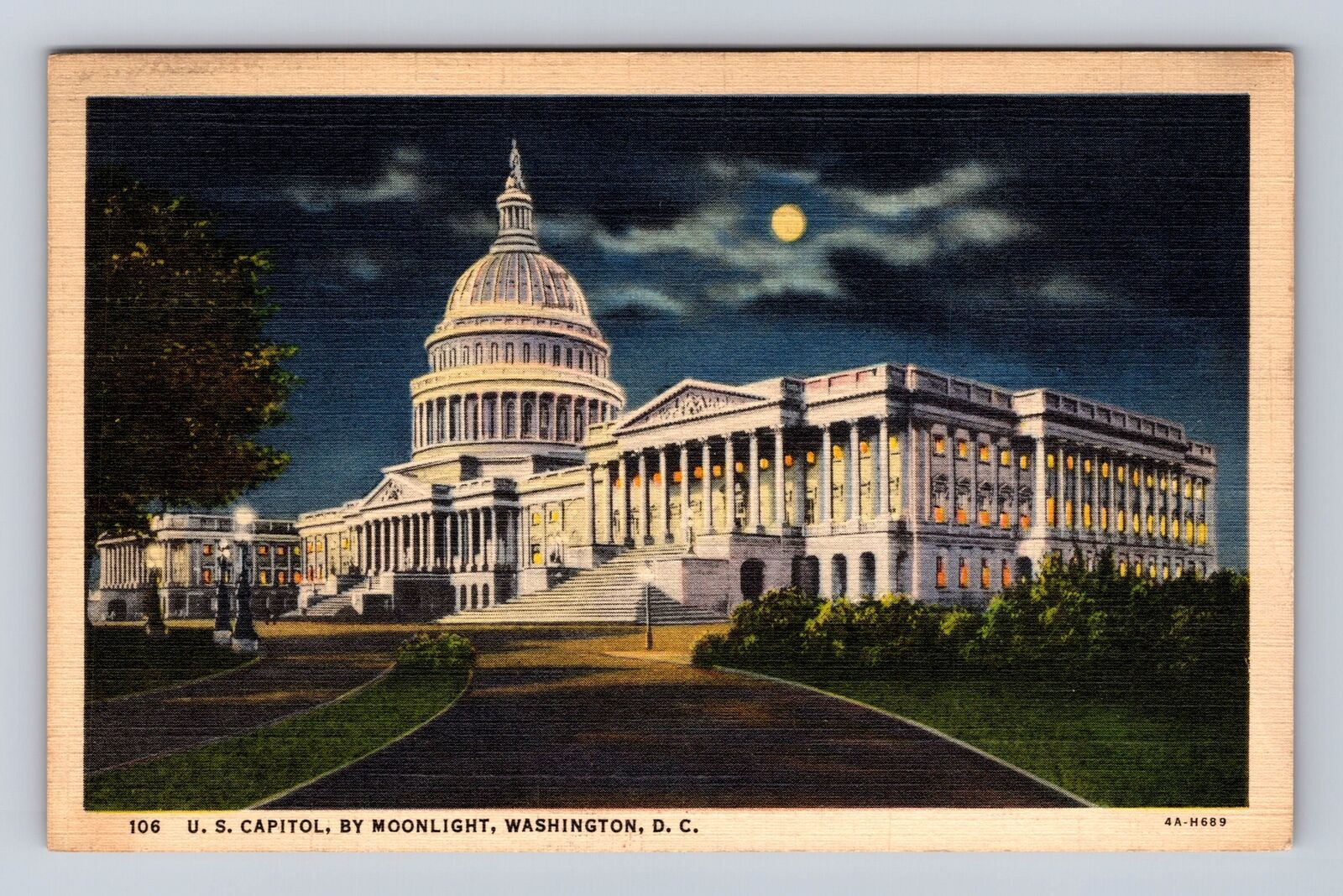 Washington DC-US Capitol By Moonlight, Antique, Vintage c1939 Souvenir Postcard