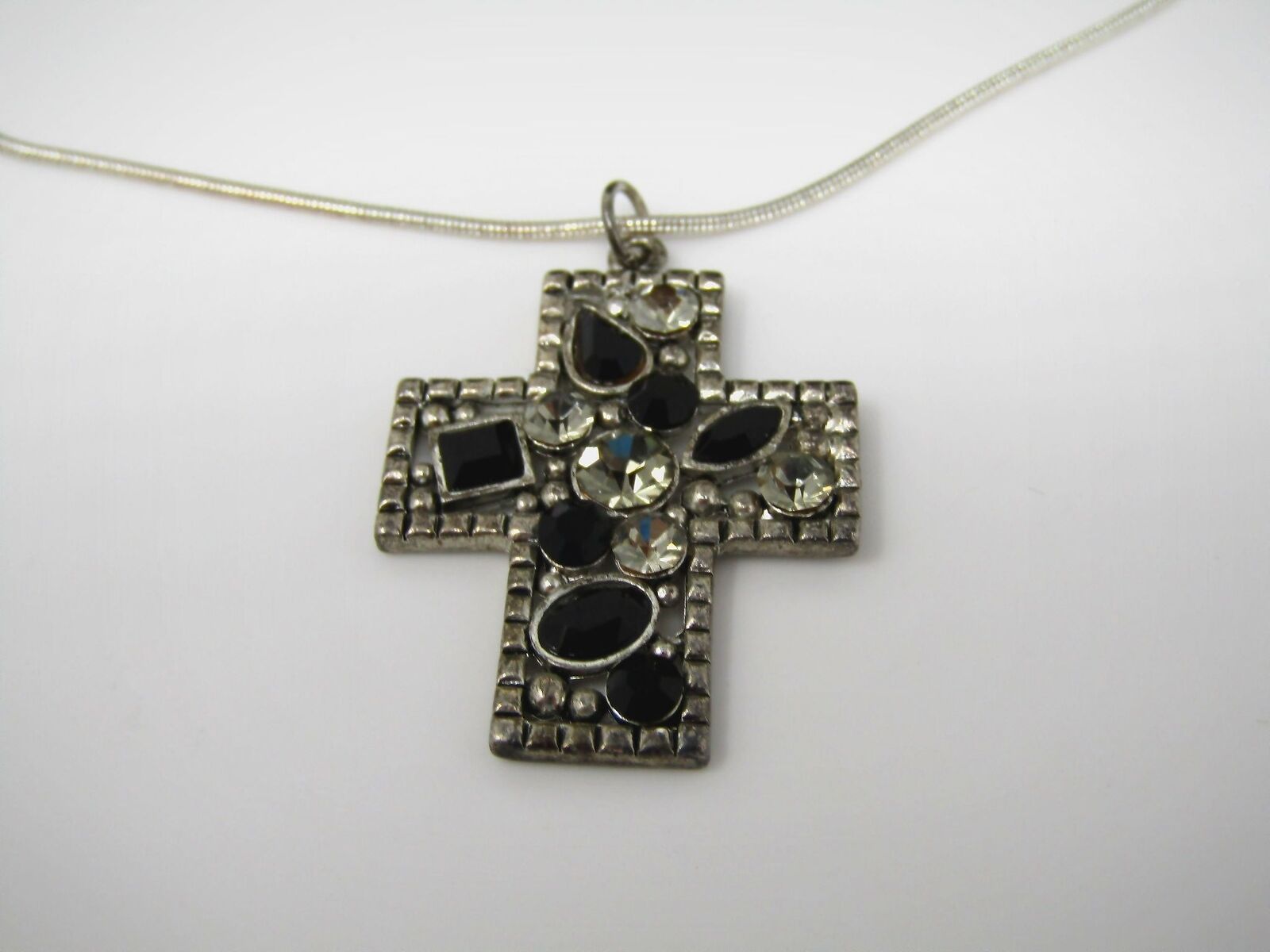 Vintage Christian Necklace Jewelry: Black Accents Clear Jewels