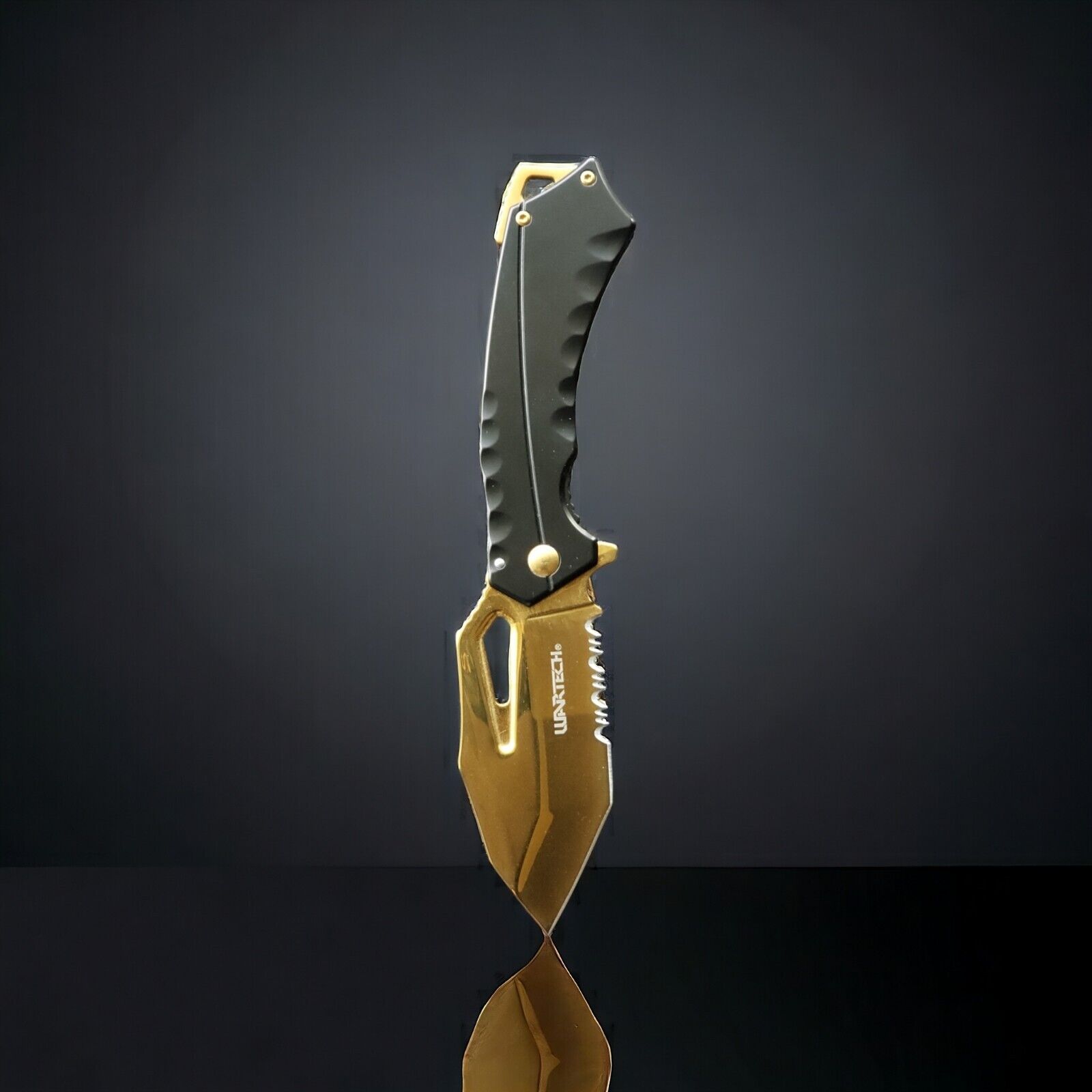 Spring Assist Pocket Knife Black and Gold Combination Blade Tanto