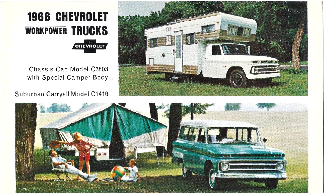 1966 Chevy TRUCKS 2 Models (Suburban Carryall, C3803 Camper): Original Postcard