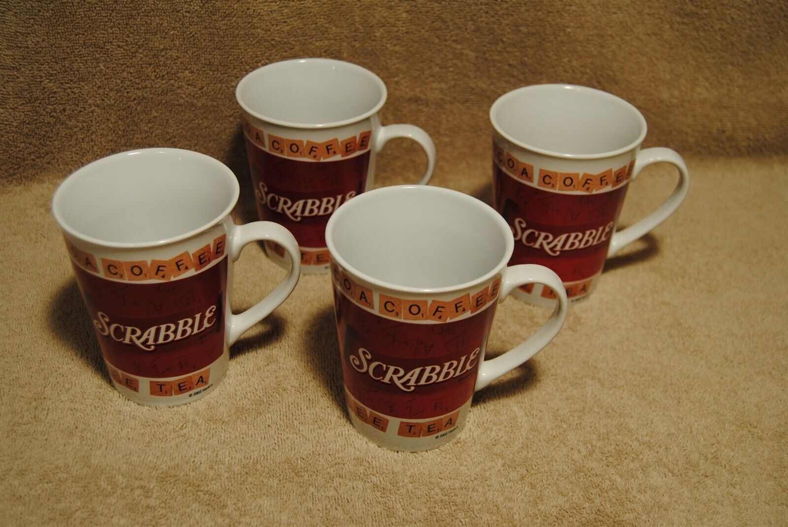 4 Old Scrabble Mugs 2002 Hasbro Coffee Tea Cocoa