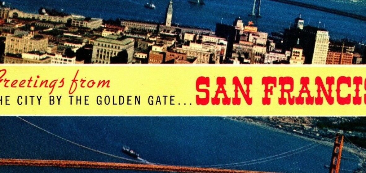 San Francisco, CA. Postcard 1958 Greetings From Birds Eye Golden Gate Bridge