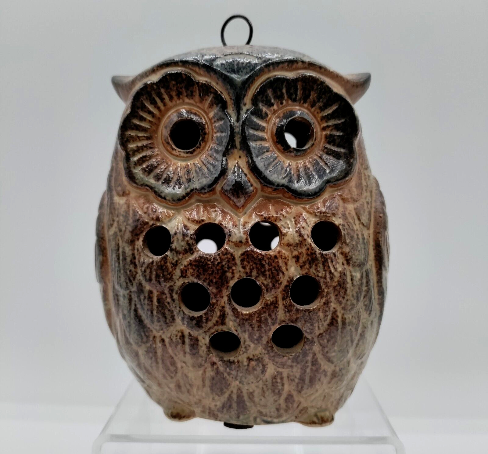 1970s Stoneware Pottery Owl Hanging Tea Light Candle Holder Double Sided MCM