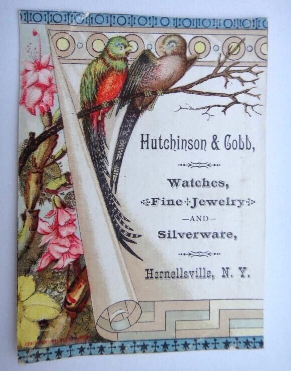 1880s antique VICTORIAN TRADE CARD hornellsville ny HUTCHINSON COBB WATCHES JEWE