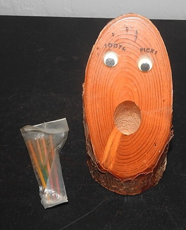 Vintage Handmade Wood Log Toothpick Holder Moving Eyes Tommy Toothpicks USA