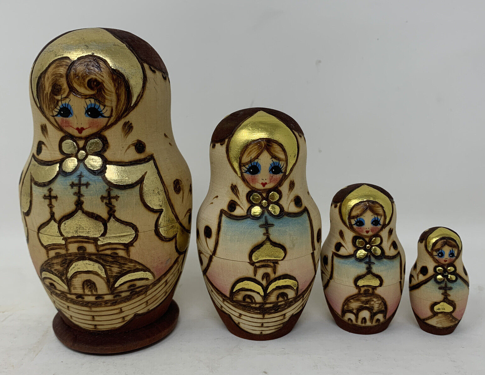 Vintage Russian Matryoshka Nesting Dolls Signed Wooden Pyrography Hand Painted 4