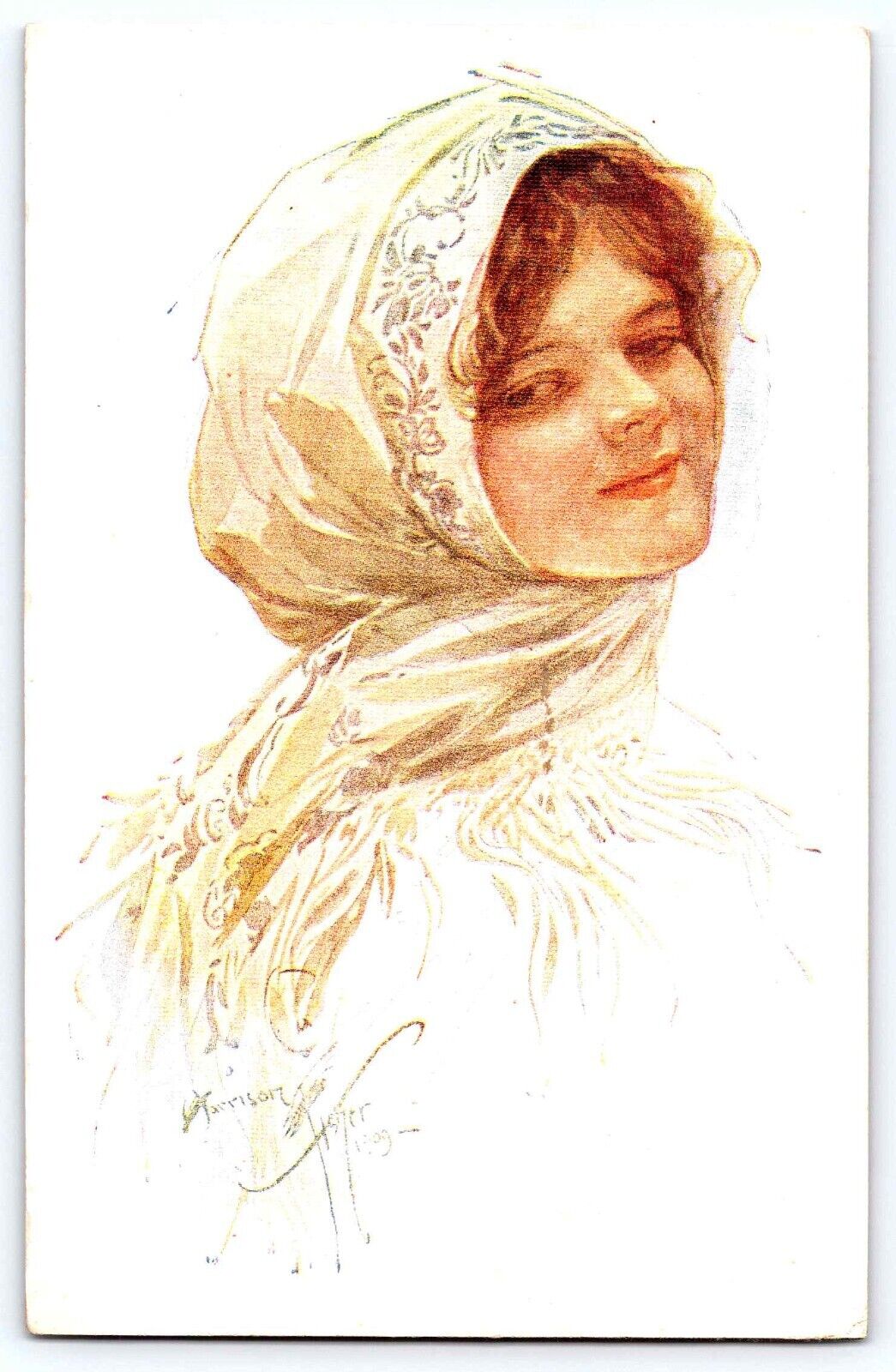 Harrison Fisher Artist-Signed Rare Russian Vintage Postcard Glamorous Lady c1910