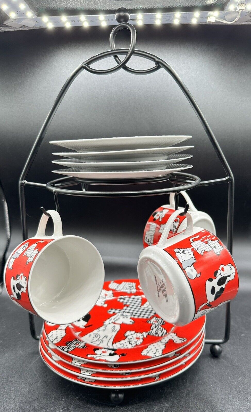 Dogs & Cats Plates Cups Set Red & Black Kitschy Living Quarters By Carson Pirie