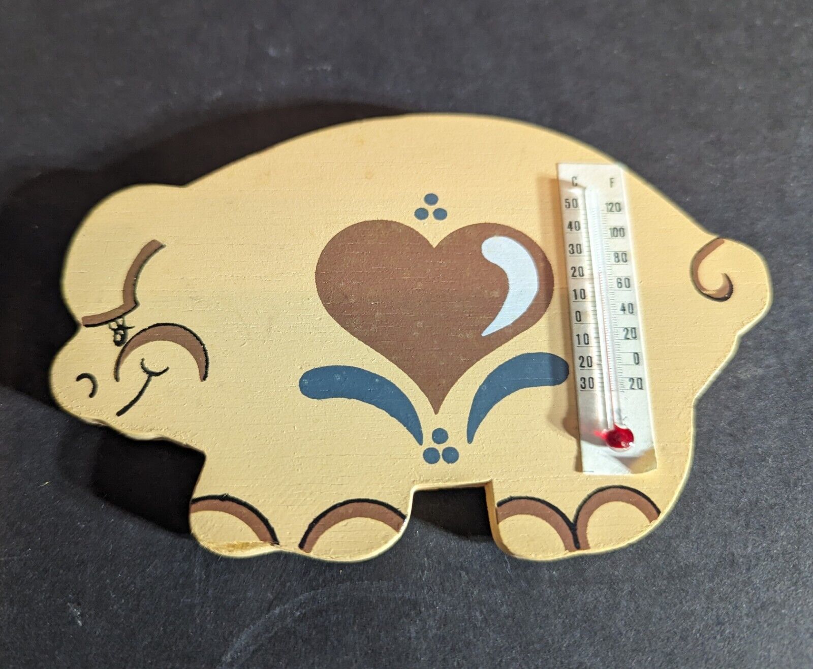 Vintage Wooden Pig Thermometer Magnet