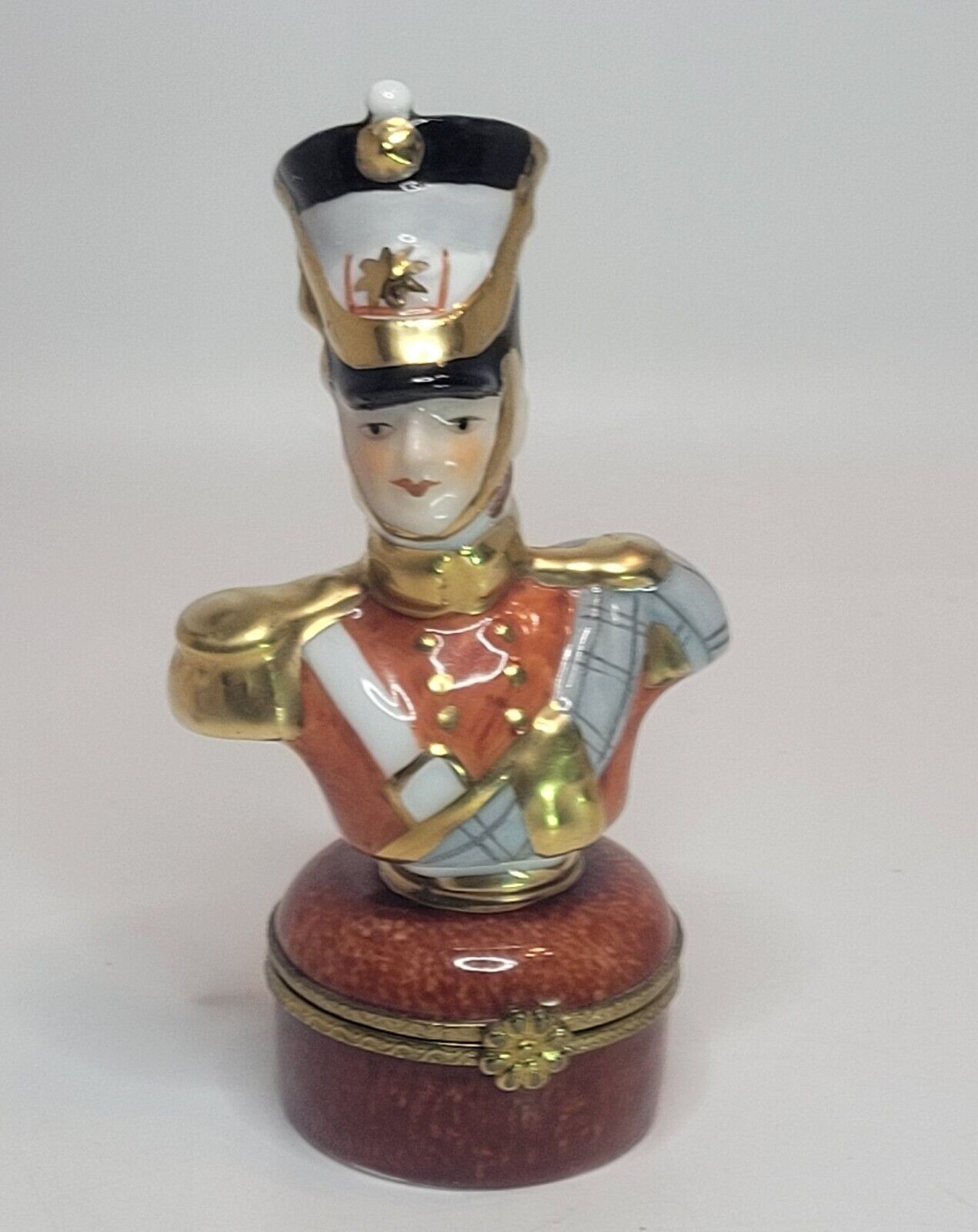 Limoges China French Soldier Trinket Box Bust Gold Accents Cabinet/Vanity Piece 
