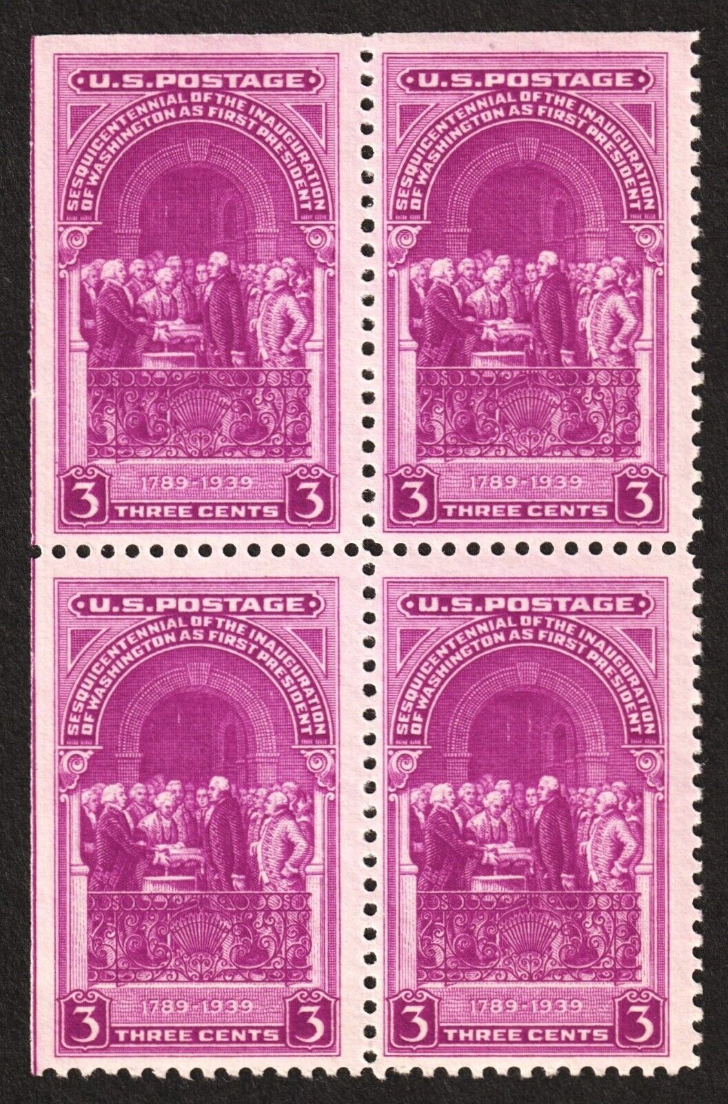 1939 George Washington inauguration sesquicentennial US Stamp Block of 4 MINT