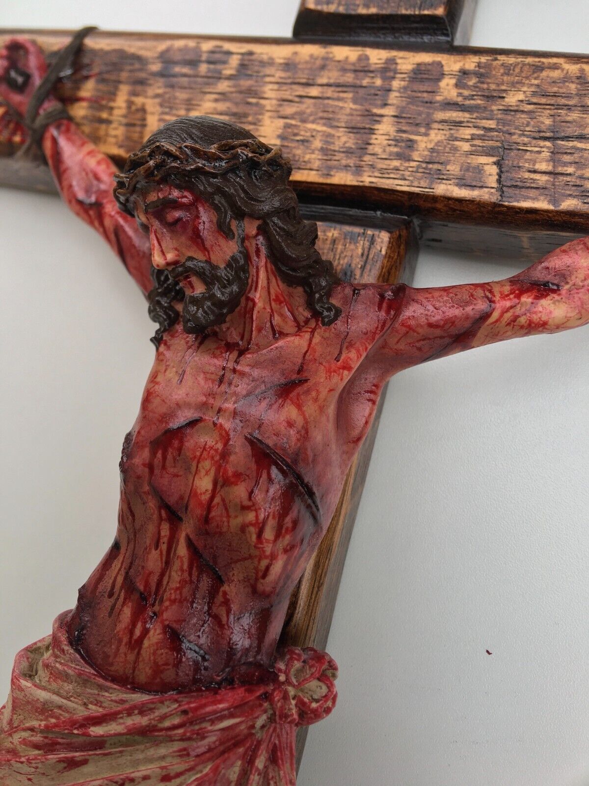 Realistic Crucifix Christ Wound For Meditation, Brown wood, Wall Cross