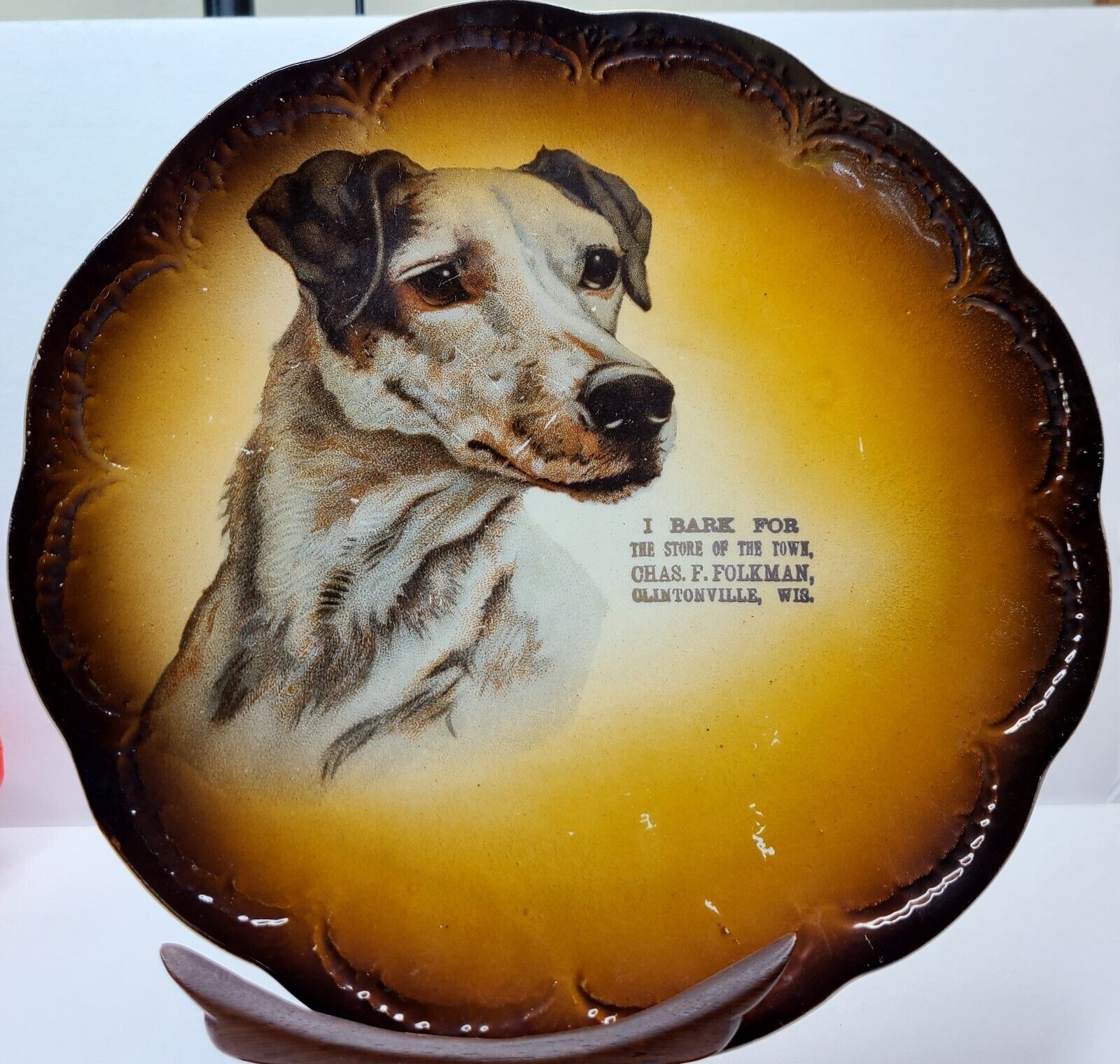 Vtg Advertising Jack Russell Terrier Dog Plate Chas S Folkman Clintonville WI