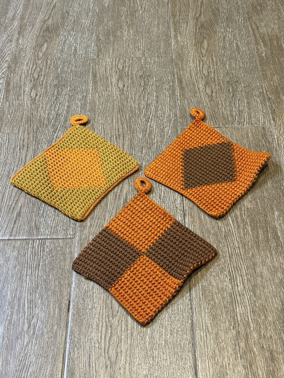 Lot of  3 Vintage Crocheted Potholders Trivets Thick Double Retro Orange Brown