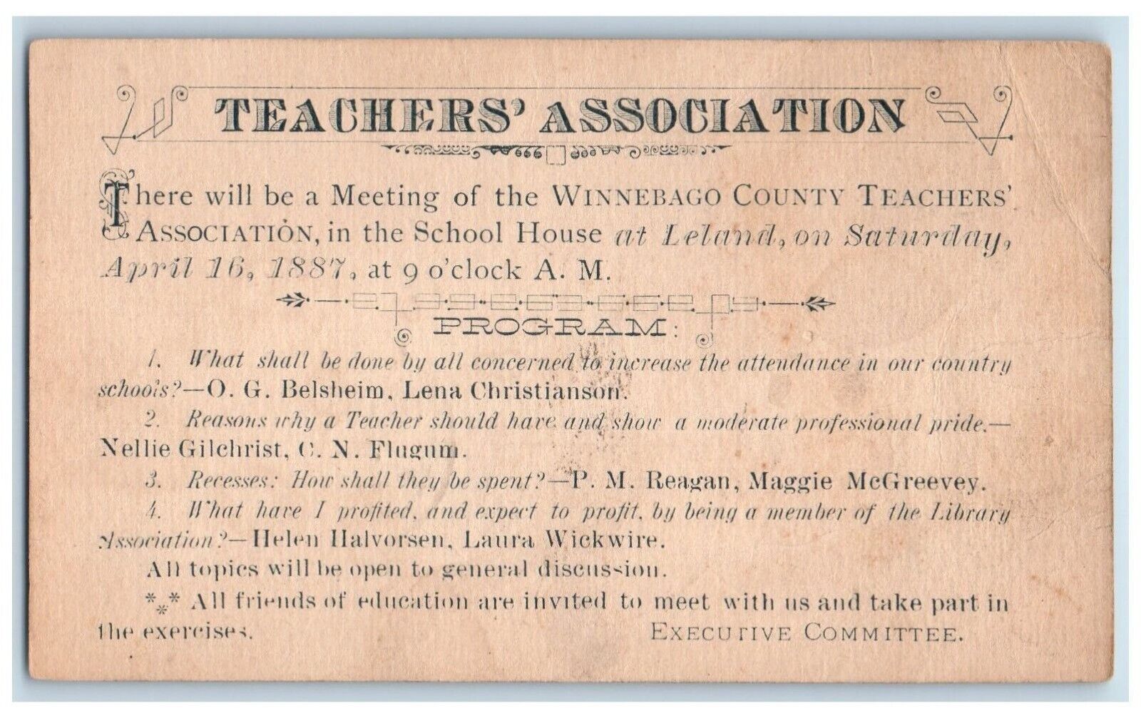 c1880's Winnebago County Teachers Meeting Leland Lake Mills Iowa IA Postal Card