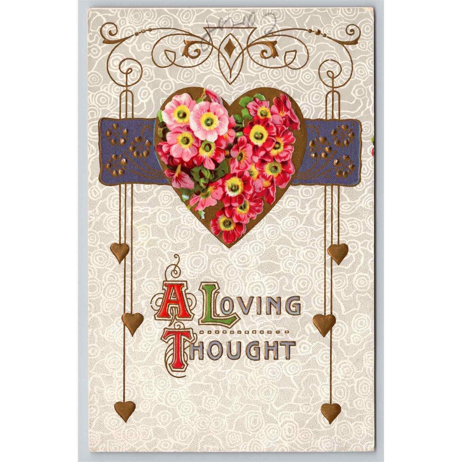 Postcard A Loving Thought Embossed Heart Flowers