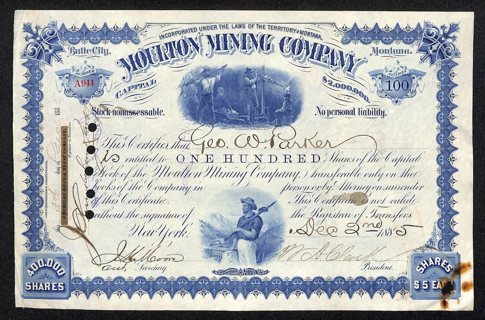 Moulton Mining Company Butte City 1885 Stock Certificate A941 Geo. W. Parker