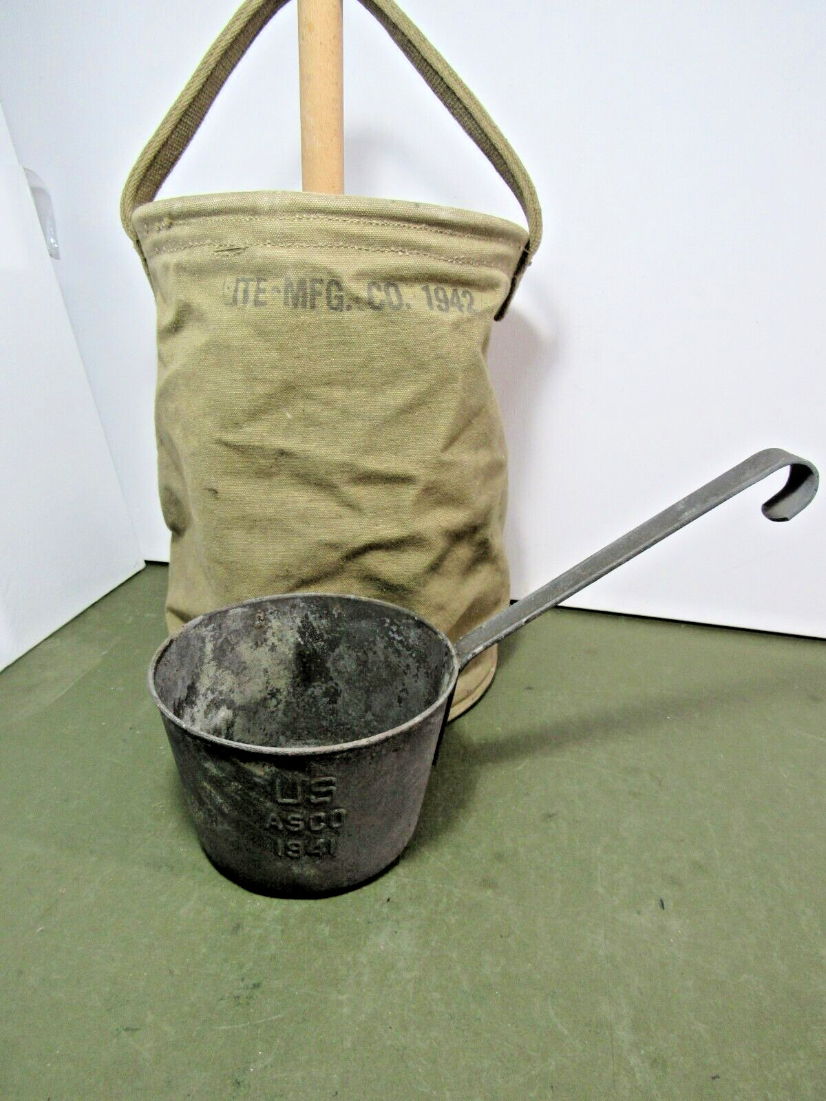 WWII CANVAS  COLLAPSIBLE WATER BUCKET  1942 & METAL LADLE U.S. 1941