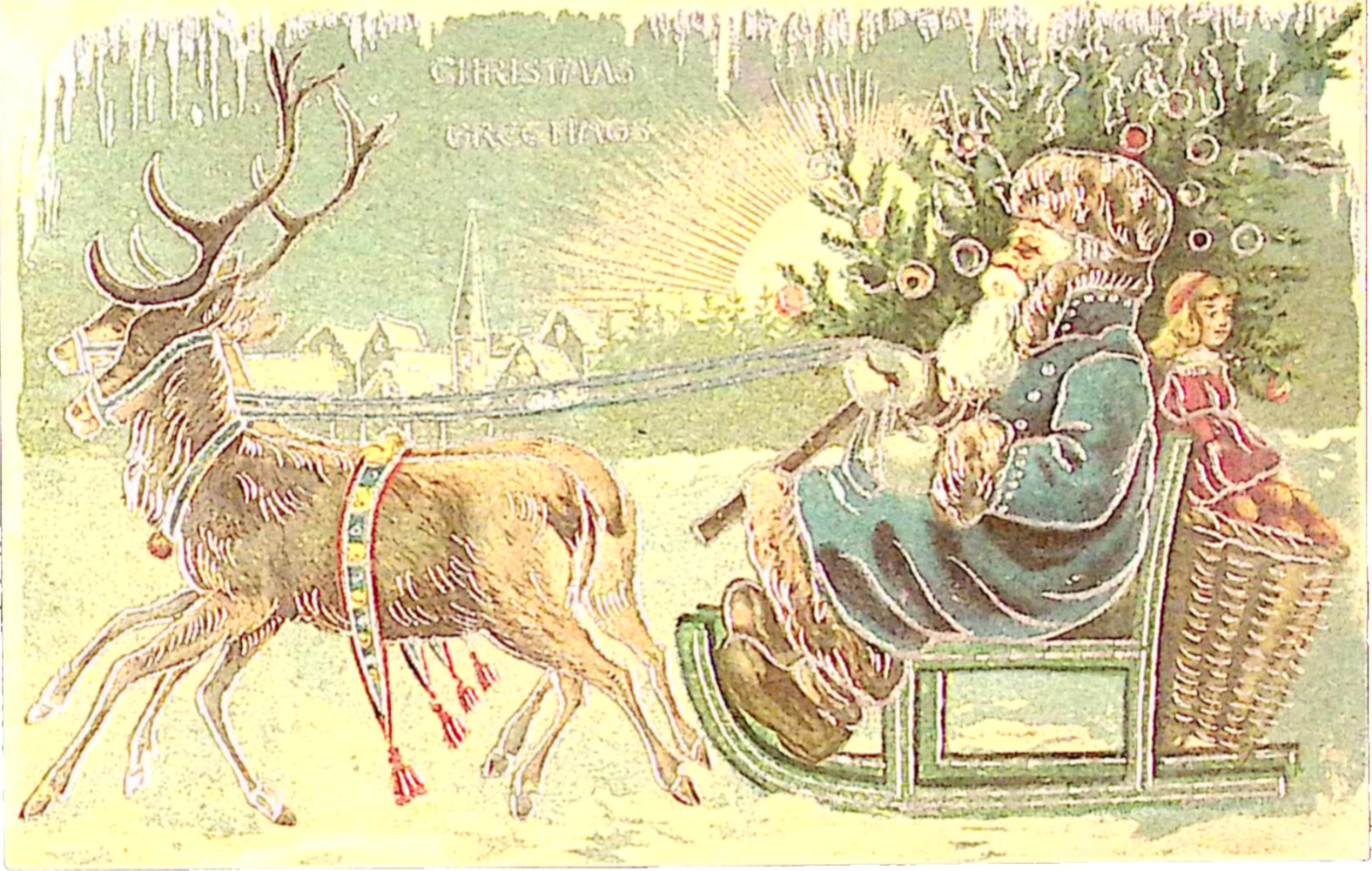 1907 Tuck GERMANY Christmas Postcard Blue Tan Coat Santa Rides Reindeer Sleigh