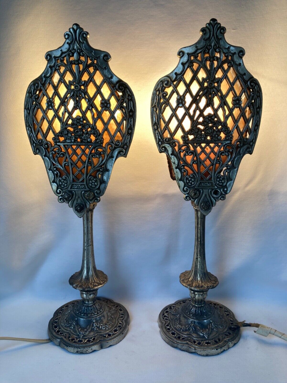 Pair French Antique Victorian Boudoir Mantel Lamps Ornate Filigree Cast Metal