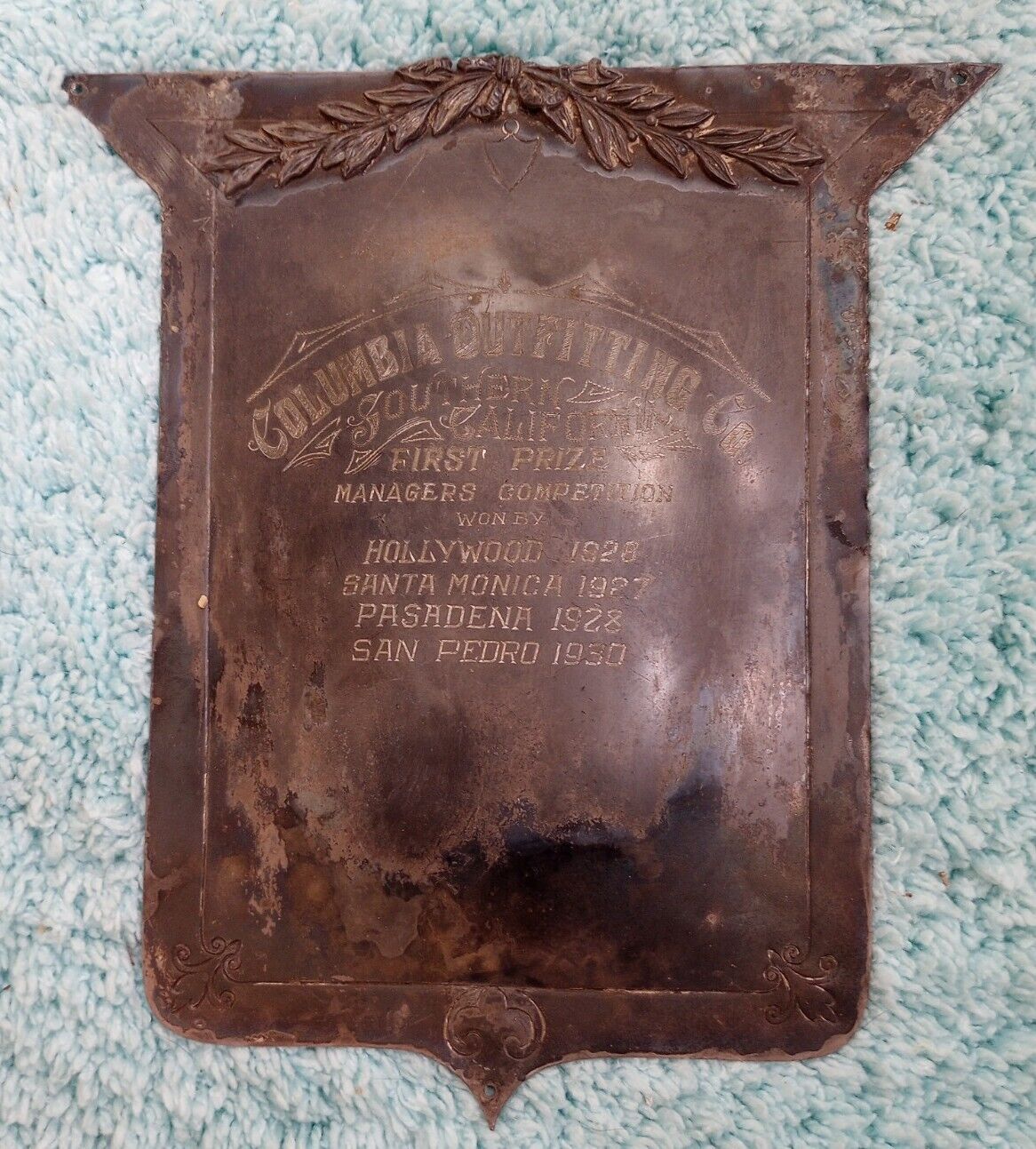 Rare Antique Columbia Outfitting Co. 1st Place Sign Award. San Pedro,Ca. 6.5x9