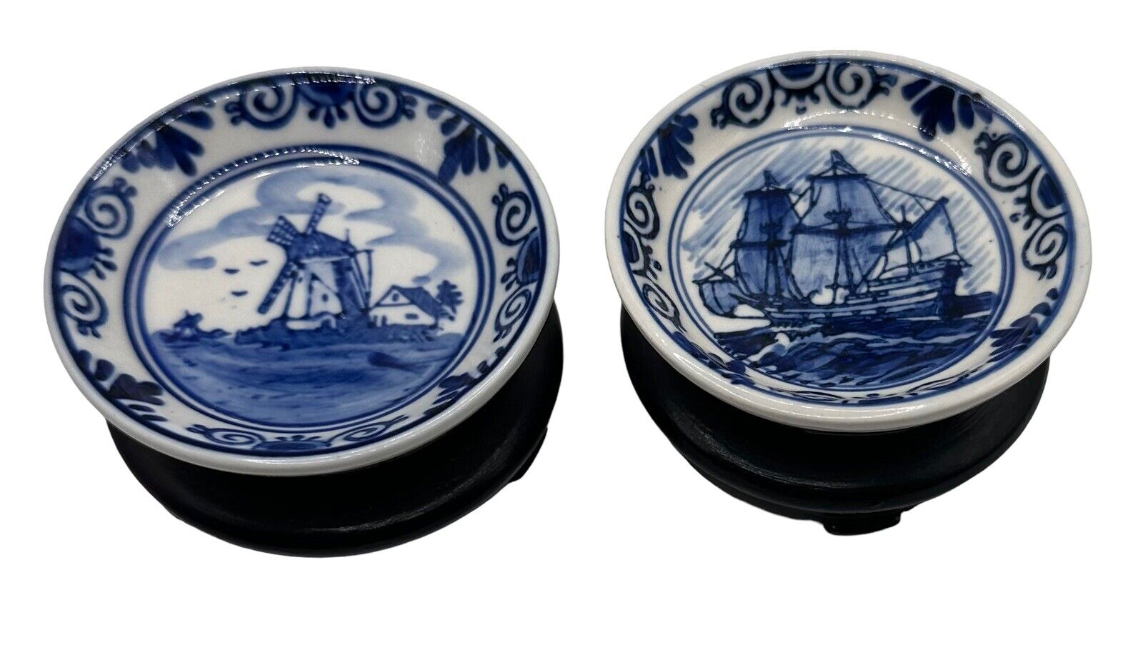 Vintage Pair Delfts Blue White Miniature Plates Ship Windmill Wooden Stands