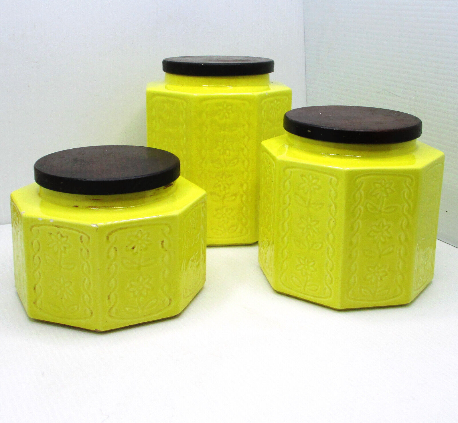 3 Vintage Hyalyn Canister Set Yellow Wood Lids Floral USA Pottery #196,195,197