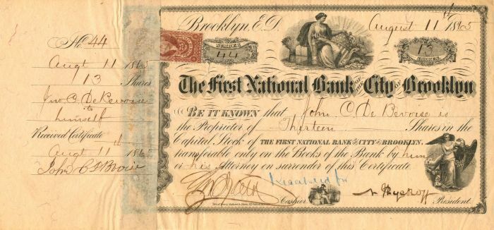 First National Bank of the City of Brooklyn - Stock Certificate - Banking Stocks