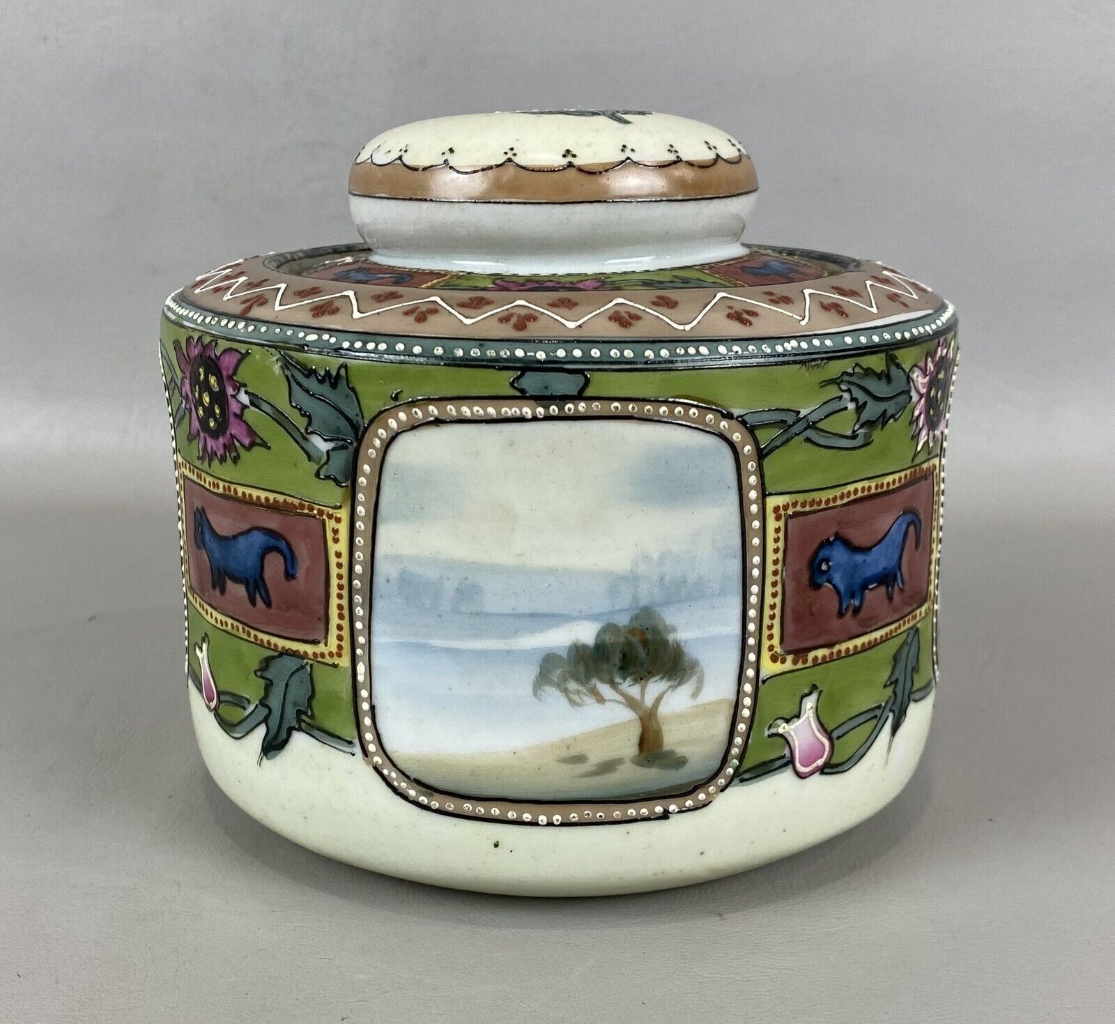 Antique Hand Painted Nippon Moriage Humidor Tobacco Jar