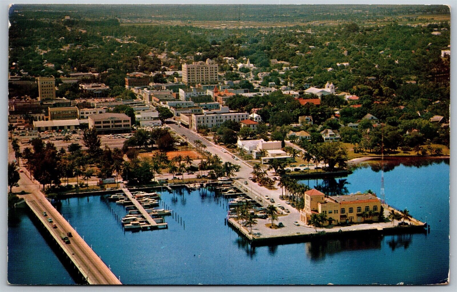 Vtg Bradenton Florida FL Aerial View of City Yacht Basin 1950s Postcard