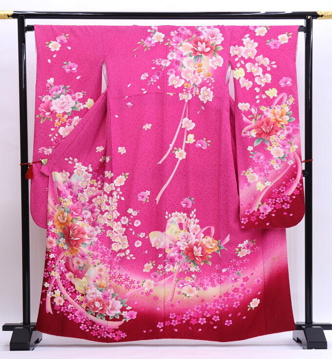 Furisode Kimono  Used Magenta Pink Silver Orchid Condition Rank B