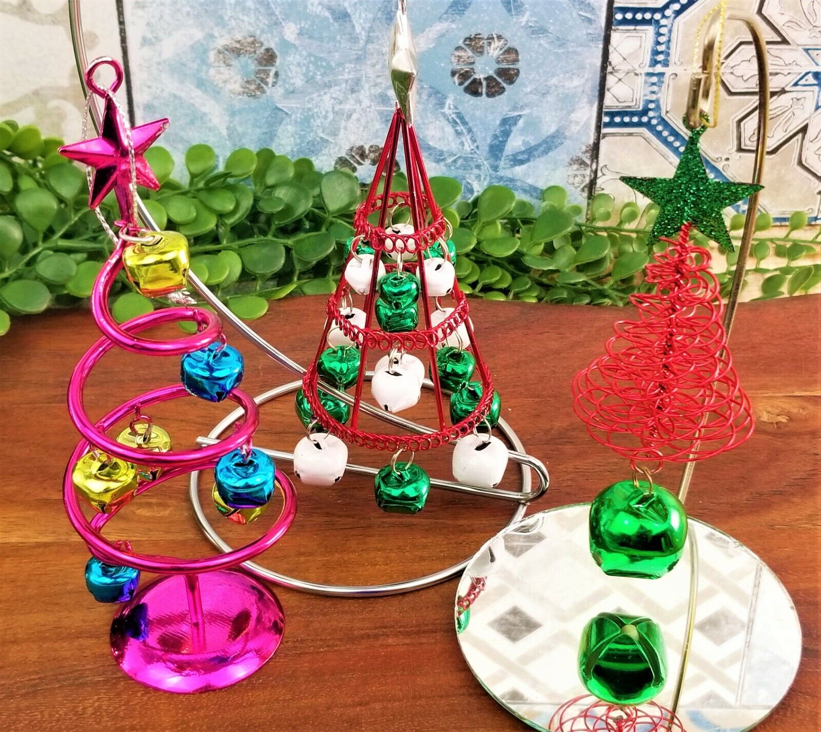 Set of 3 Jingle Bells Christmas Trees Holiday Ornaments Spiral Metallic Bells