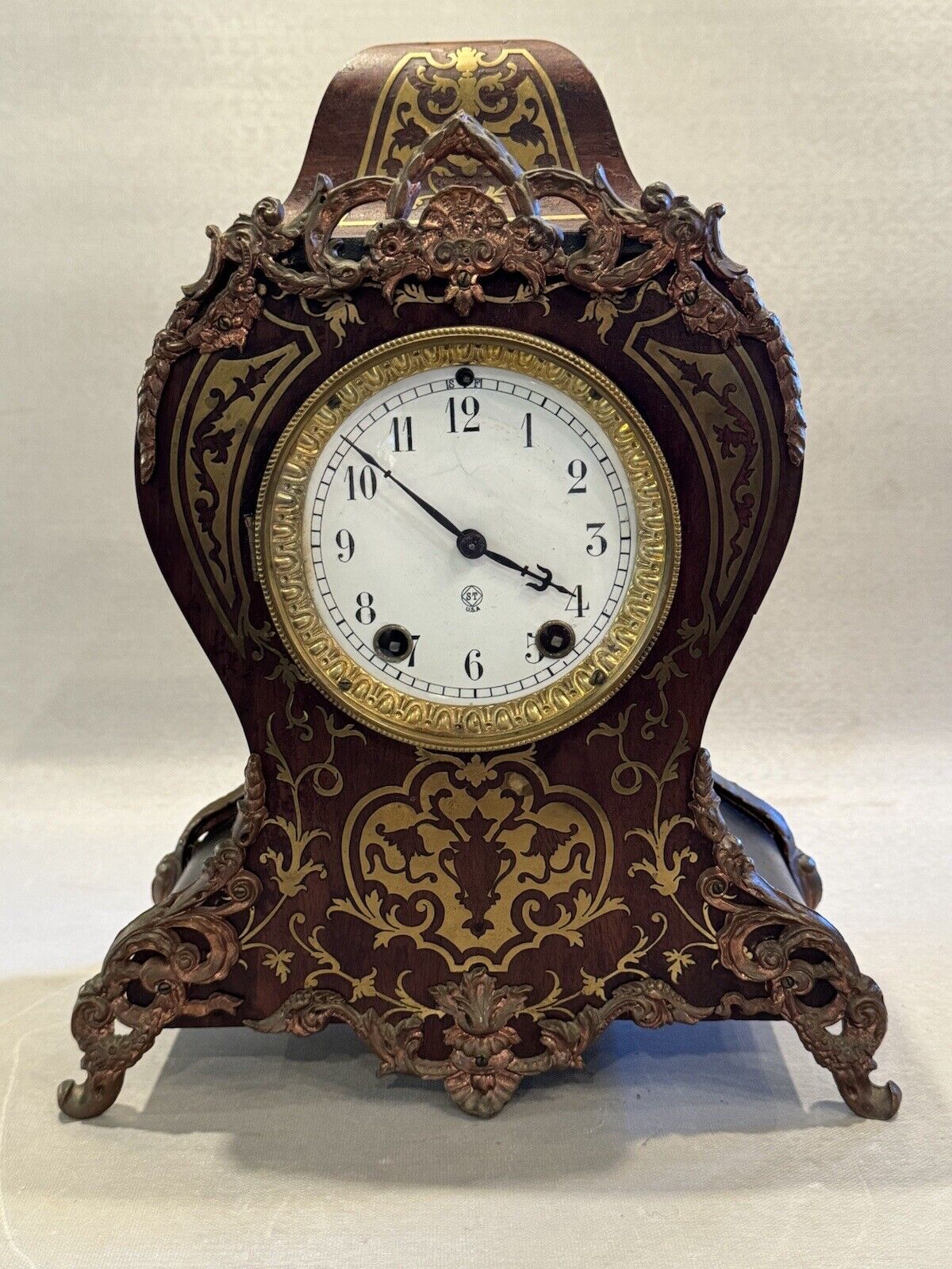 French Boulle Style Vintage Working Mantle Clock with Key & Porcelain Face