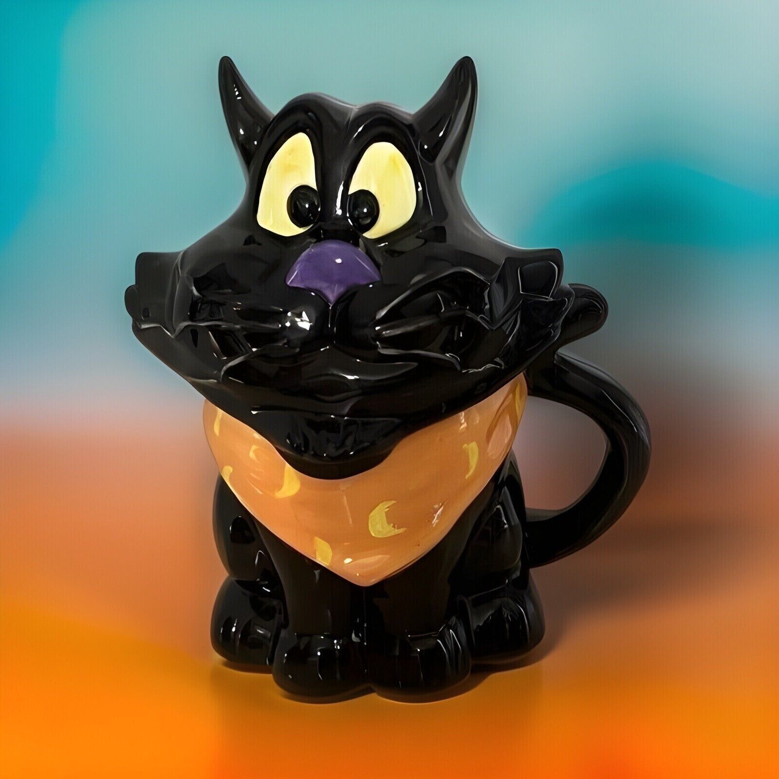 Rare Vintage CIB Ceramic Black Cat Orange Bandana Halloween Container 7.5\