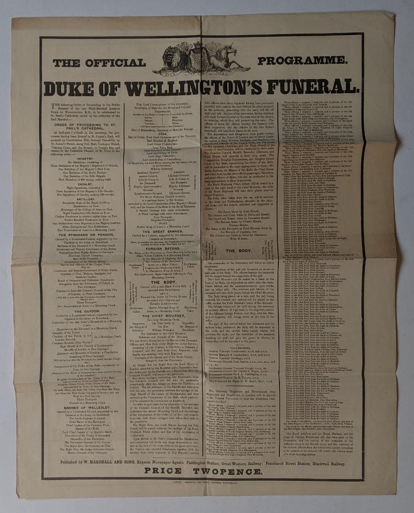 1852 ANTIQUE BROADSIDE PRINT DUKE OF WELLINGTON FUNERAL PROCESSION by W MARSHALL