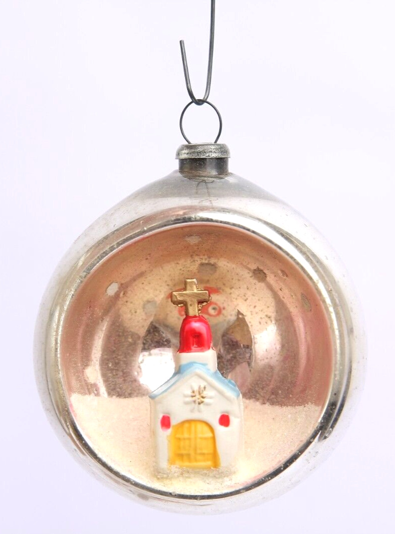 Vintage White Church Indent Silver Mercury Glass 1950s Diorama Ornament Japan