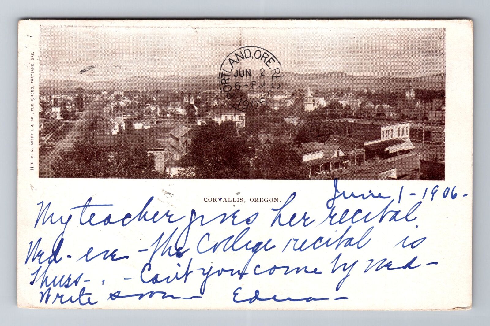 Corvallis OR-Oregon, Scenic View, Antique, Vintage c1906 Postcard