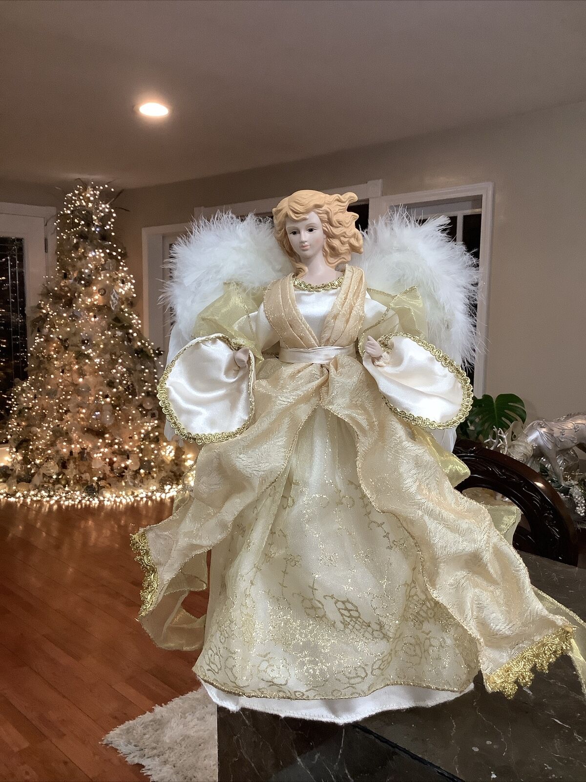 Victorian Christmas Angel Tree Topper 15” White Gold And Ivory Lace Embroidered