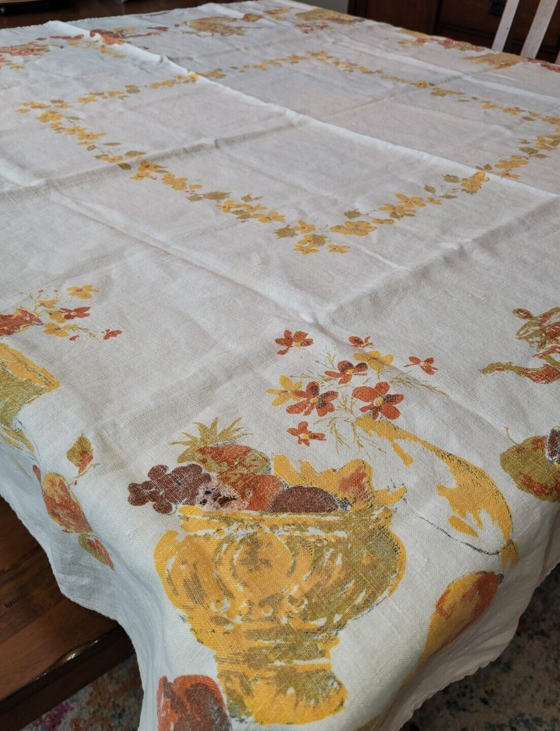 Vintage Linen Tablecloth Fruit Cheese Flowers & Tea Yellow Green Orange 1960s