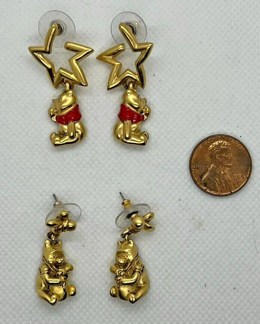 Lot of 2 Pair Disney Winnie The Pooh Dangle Earrings GoldTone Pin Mount
