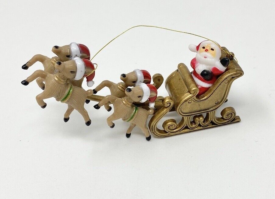 Vintage Santa Claus Sleigh 4 Reindeer Ornament Christmas Village Piece Plastic