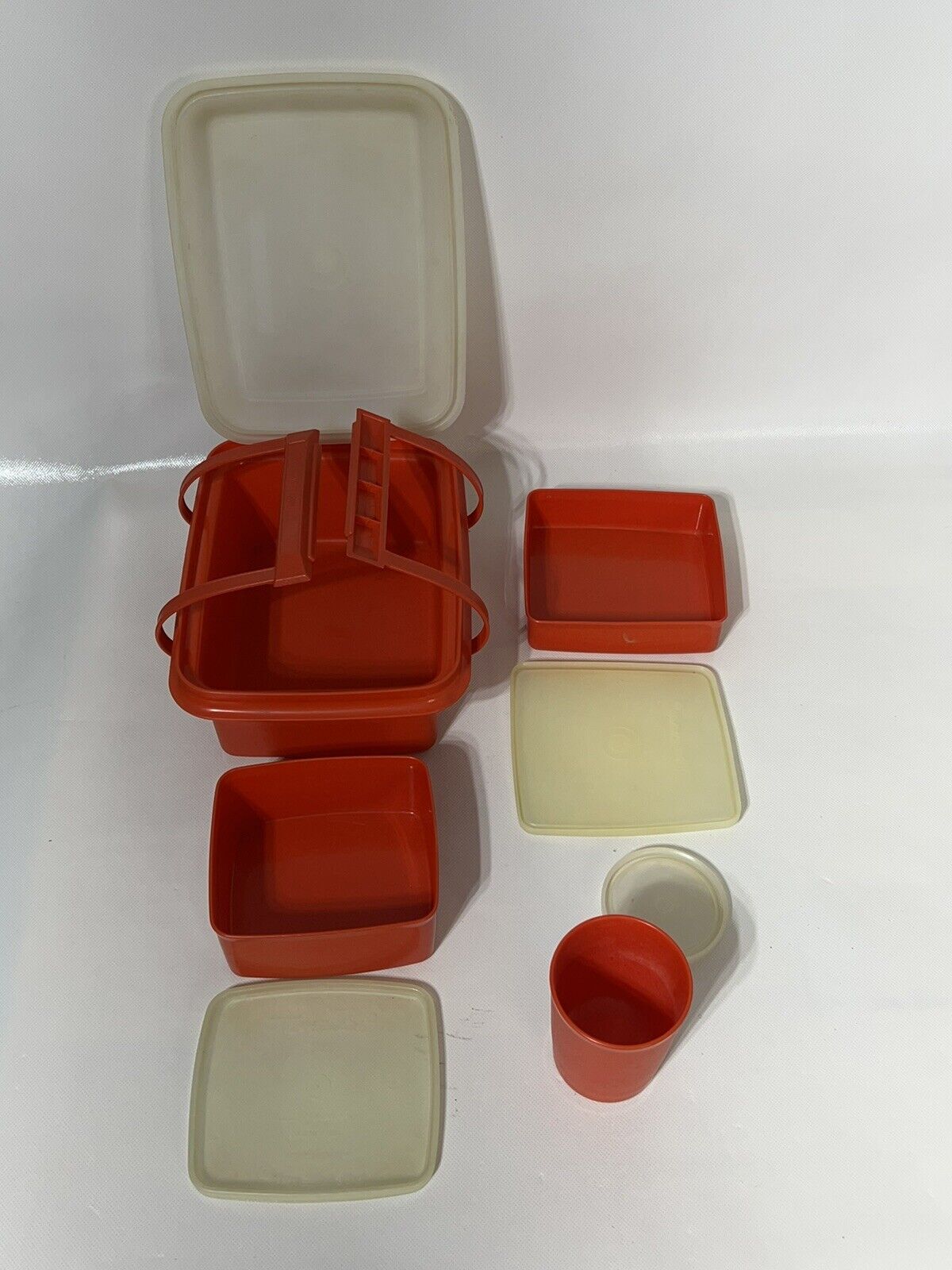 USA VINTAGE  TUPPERWARE Red Orange Mini Pak N Carry Lunch Box Set 9 PCS SET