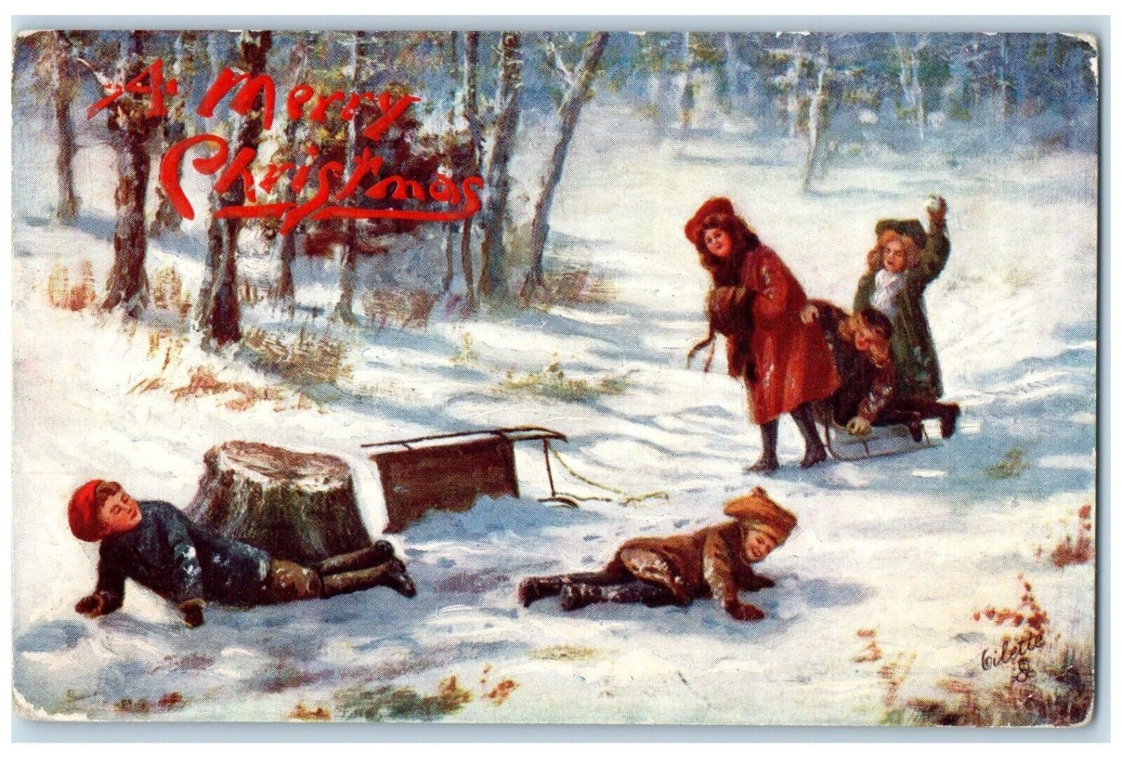 c1910's Christmas Children Playing Snowball Fighting Oilette Tuck's Postcard