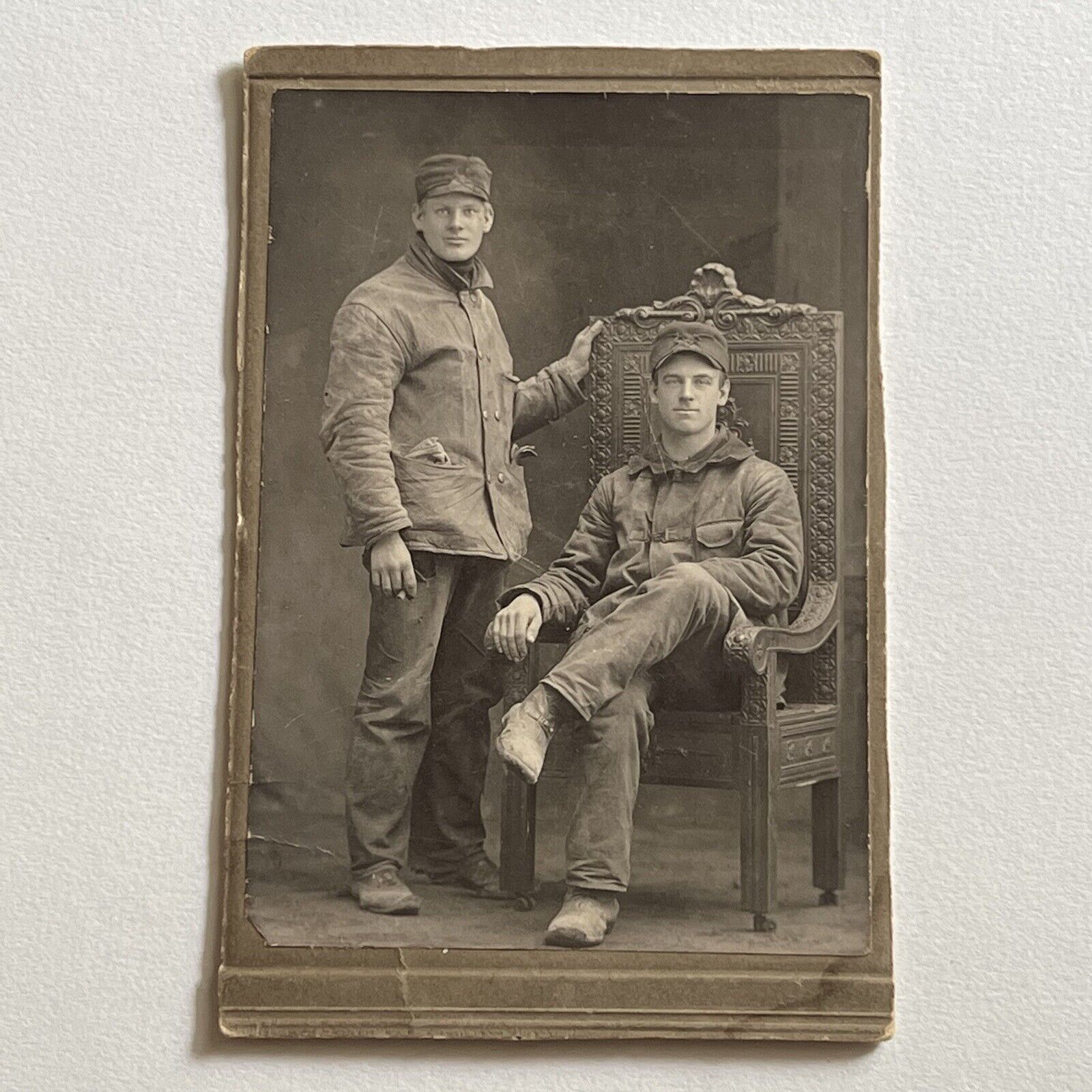 Antique Cabinet Card Photograph Handsome Young Working Class Men Cap Boots