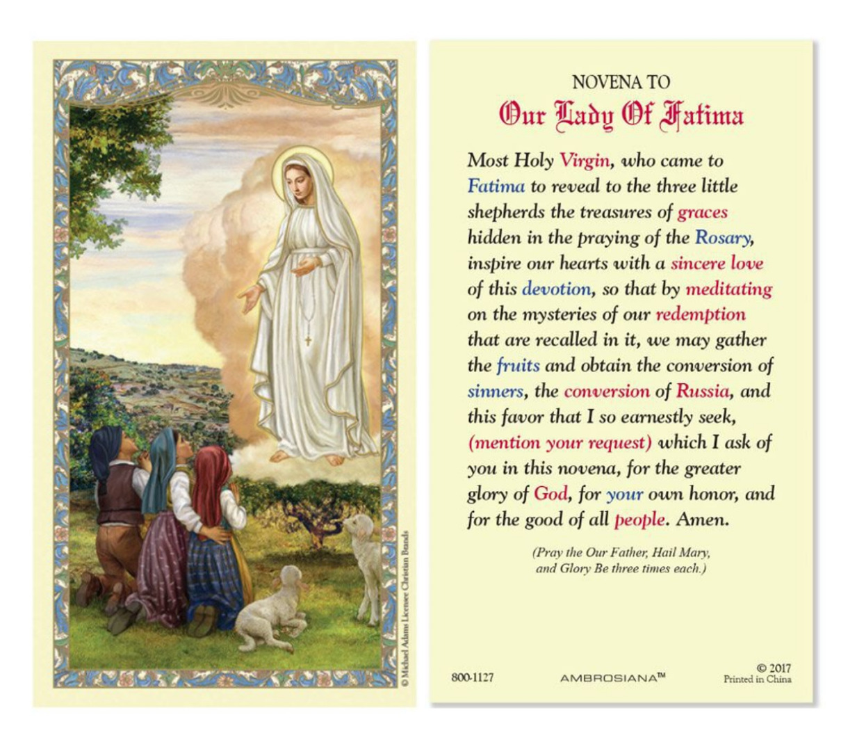 Laminated Novena to Our Lady of Fatima Holy Prayer Card Catholic