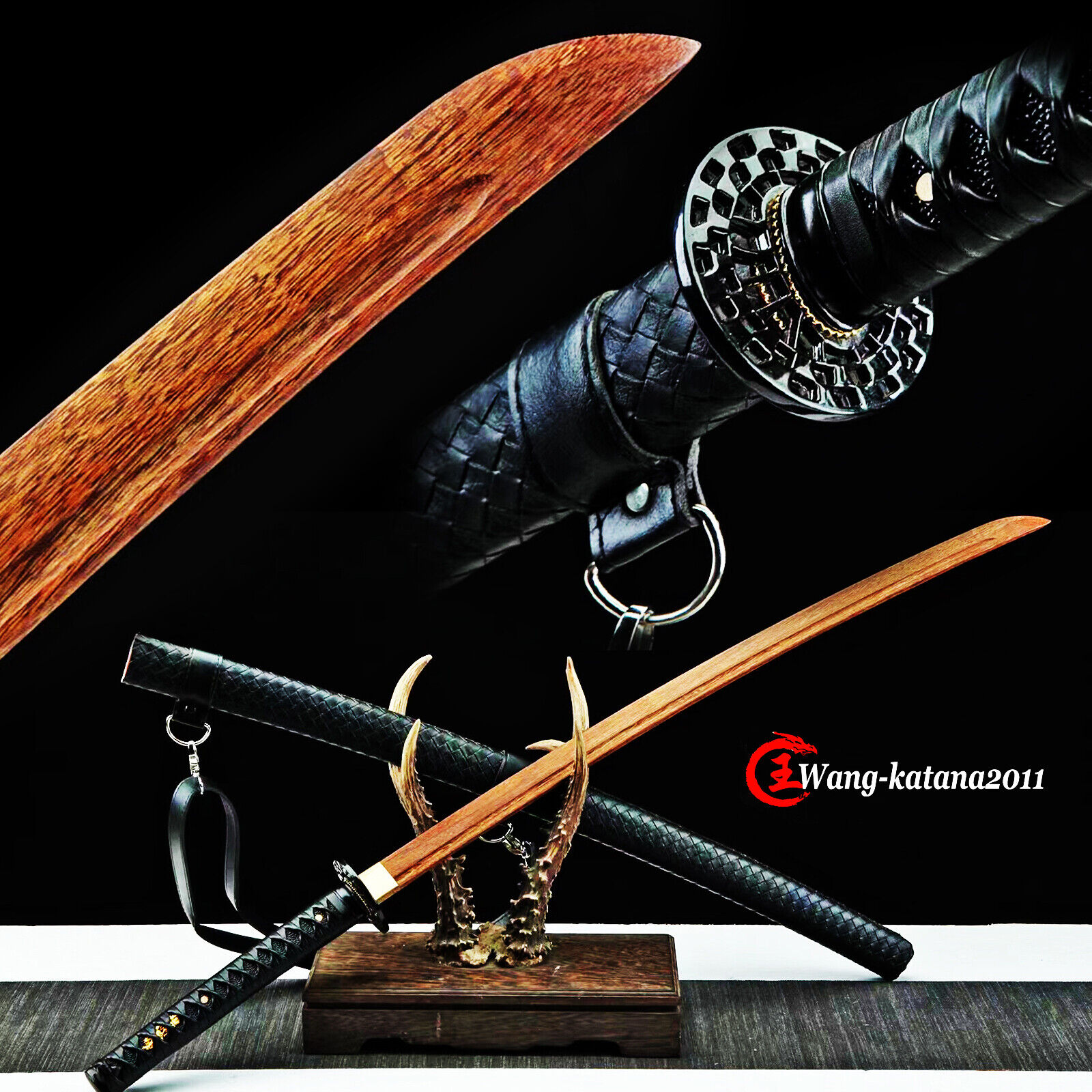 Wooden Katana Battle Training Practice Sword Kendo Outdoor Iaido Leather Bokken