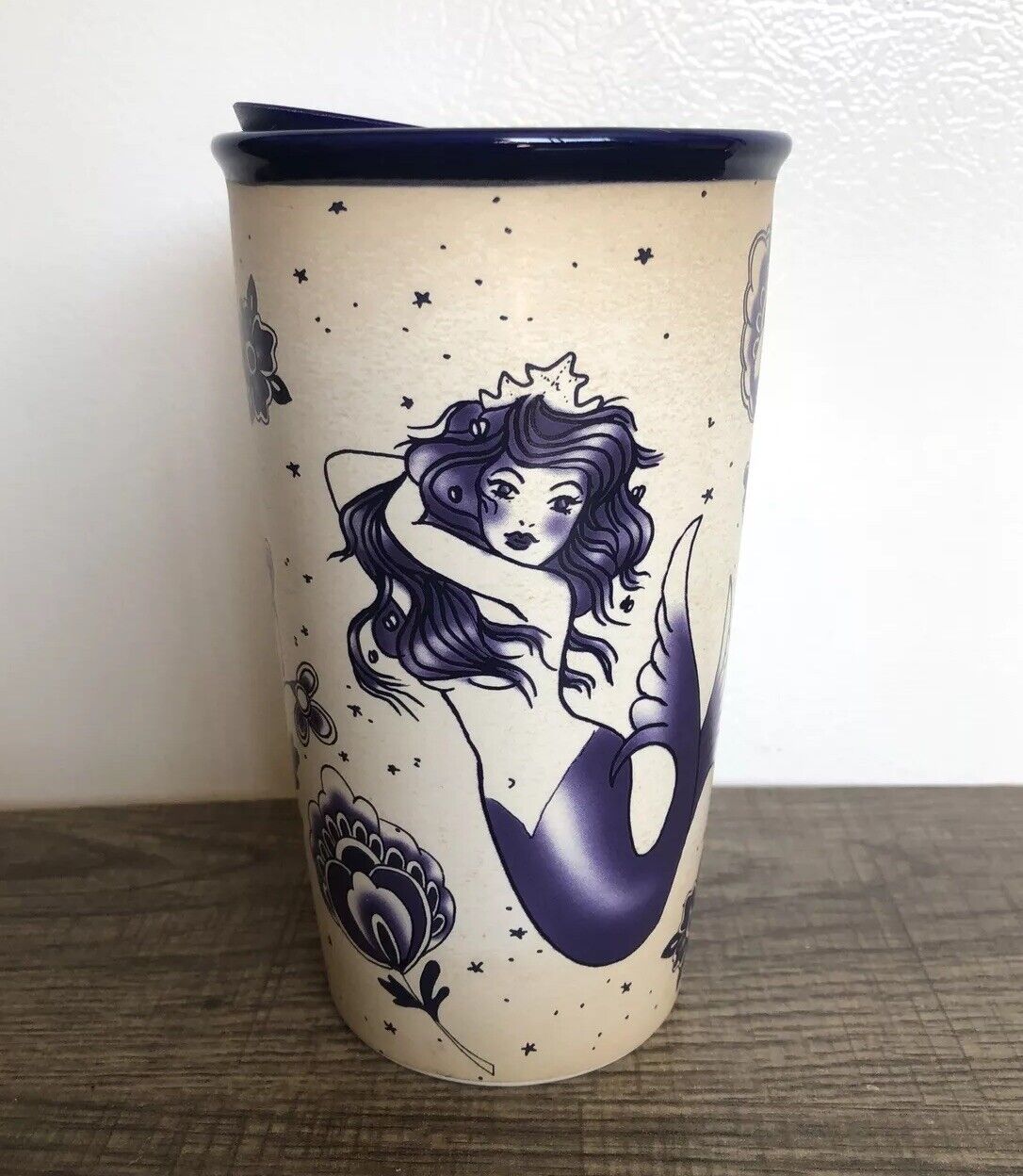 STARBUCKS 2016-Blue Mermaid Siren Tattoo Anchor Ceramic Travel Mug Coffee Cup