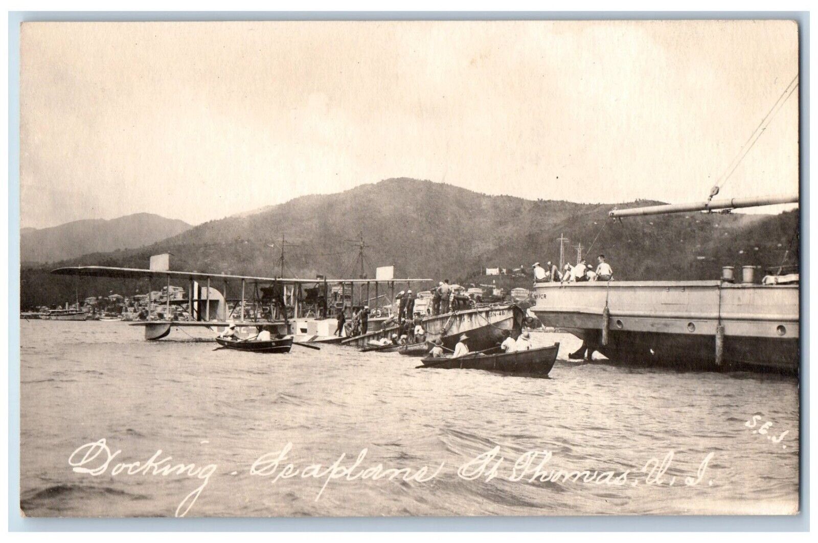 St. Thomas Virgin Islands Postcard RPPC Photo Seaplane And Boats 1920 Antique