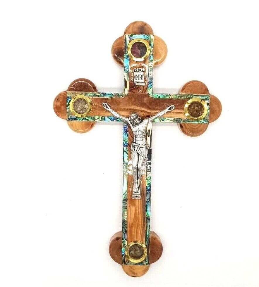 Wall Wood Cross Crucified  With Mother of Pearl Around Incense Stones Dry Leaves