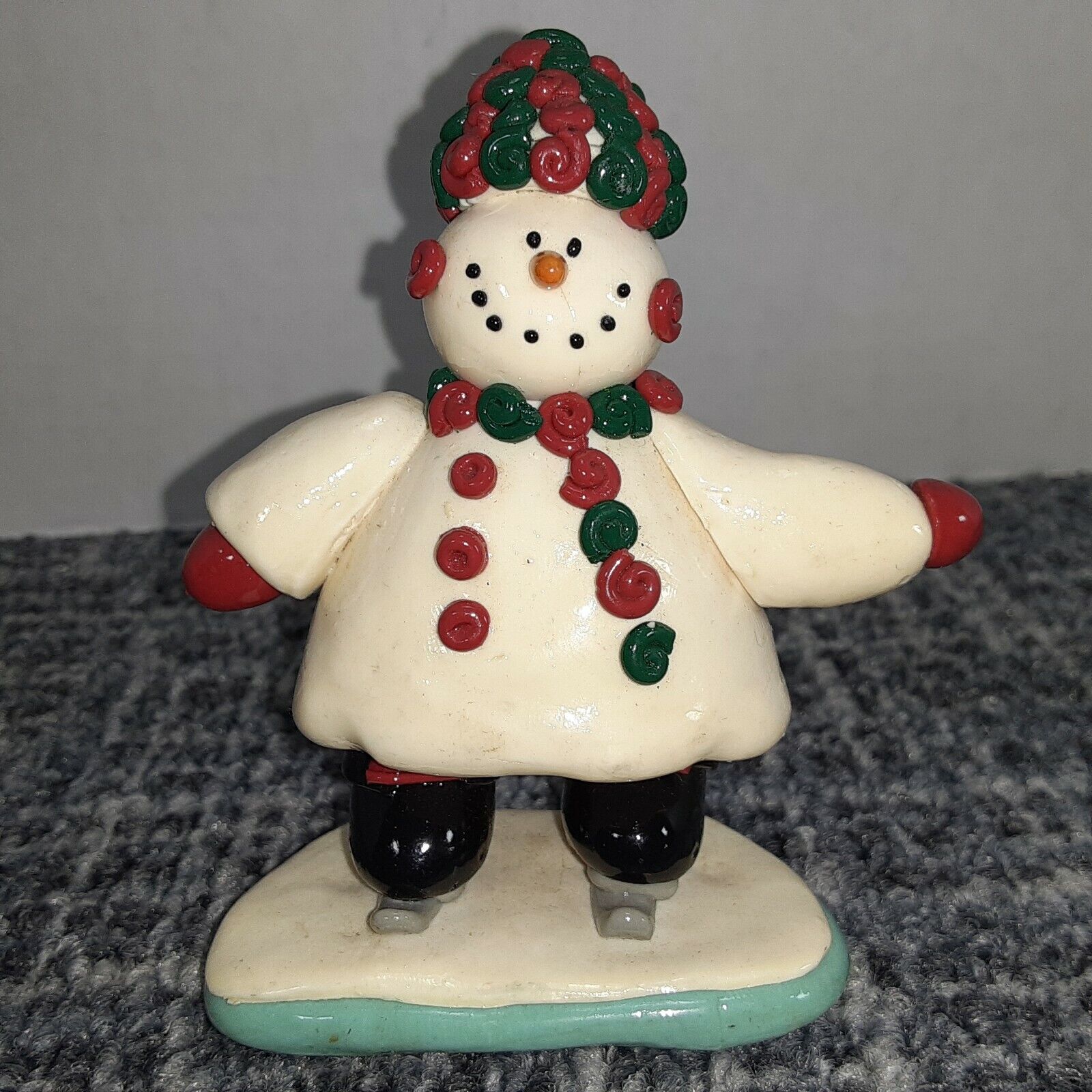 Whimsical Clay Dough Snowman Figurine Ice Skating Christmas Decoration 